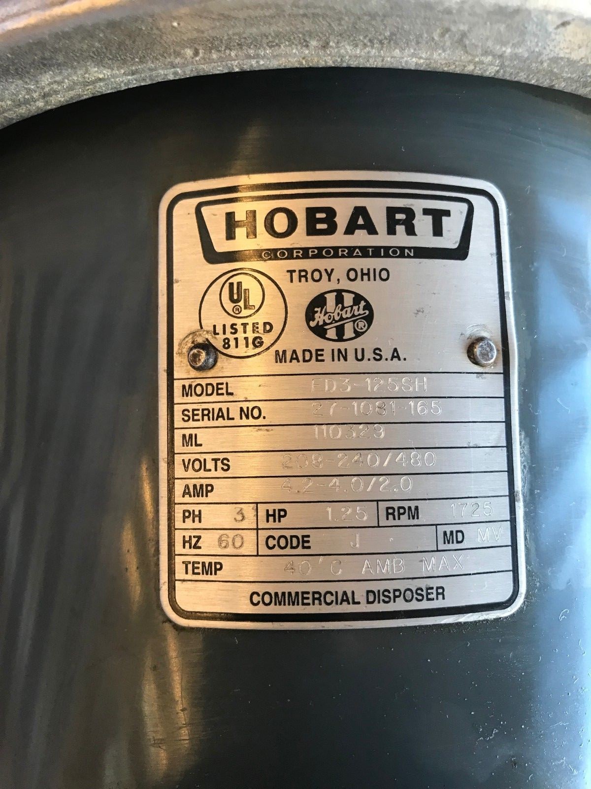 Hobart Garbage Disposal Model FD3-125SH With Manual