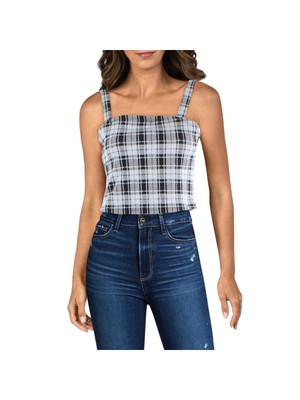 SELF E Womens Gray Zippered Plaid Sleeveless Square Neck Tank Top S