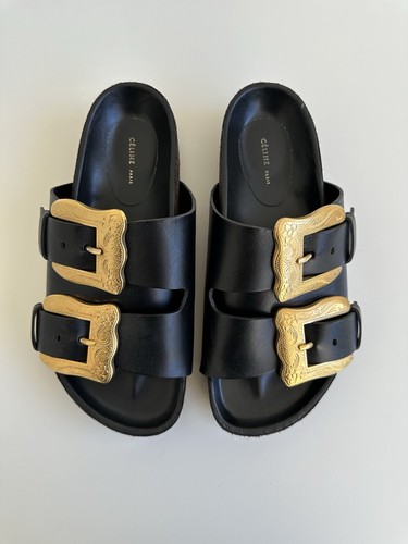 Celine Western Buckle Slides Boxy Wide Band Sandals 38 Celine Western Buckle Slides Boxy Wide Band Sandals 38