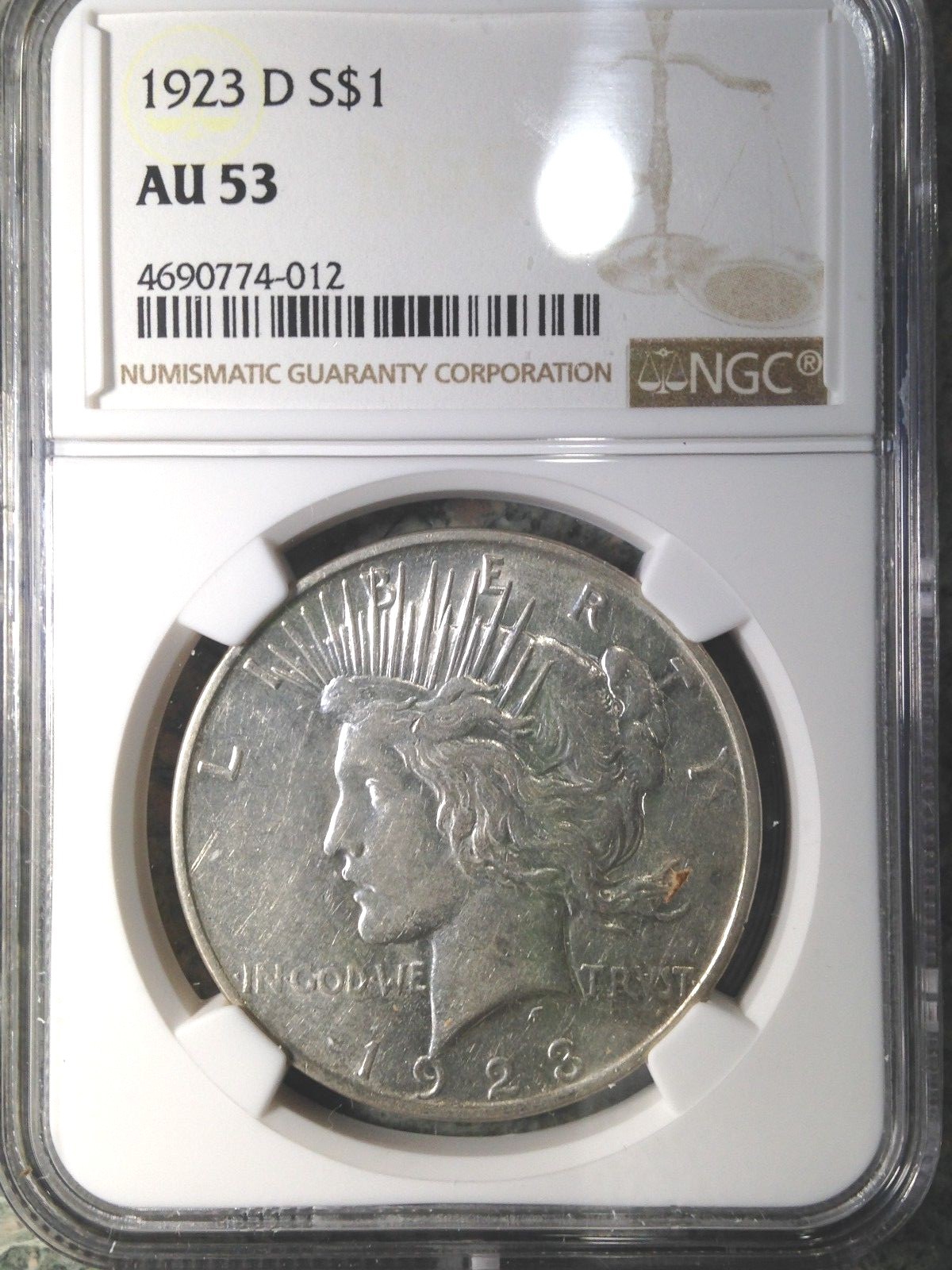 1923-D Peace Silver Dollar NGC AU 53AU About Uncirculated Denver Mint Eye Appeal