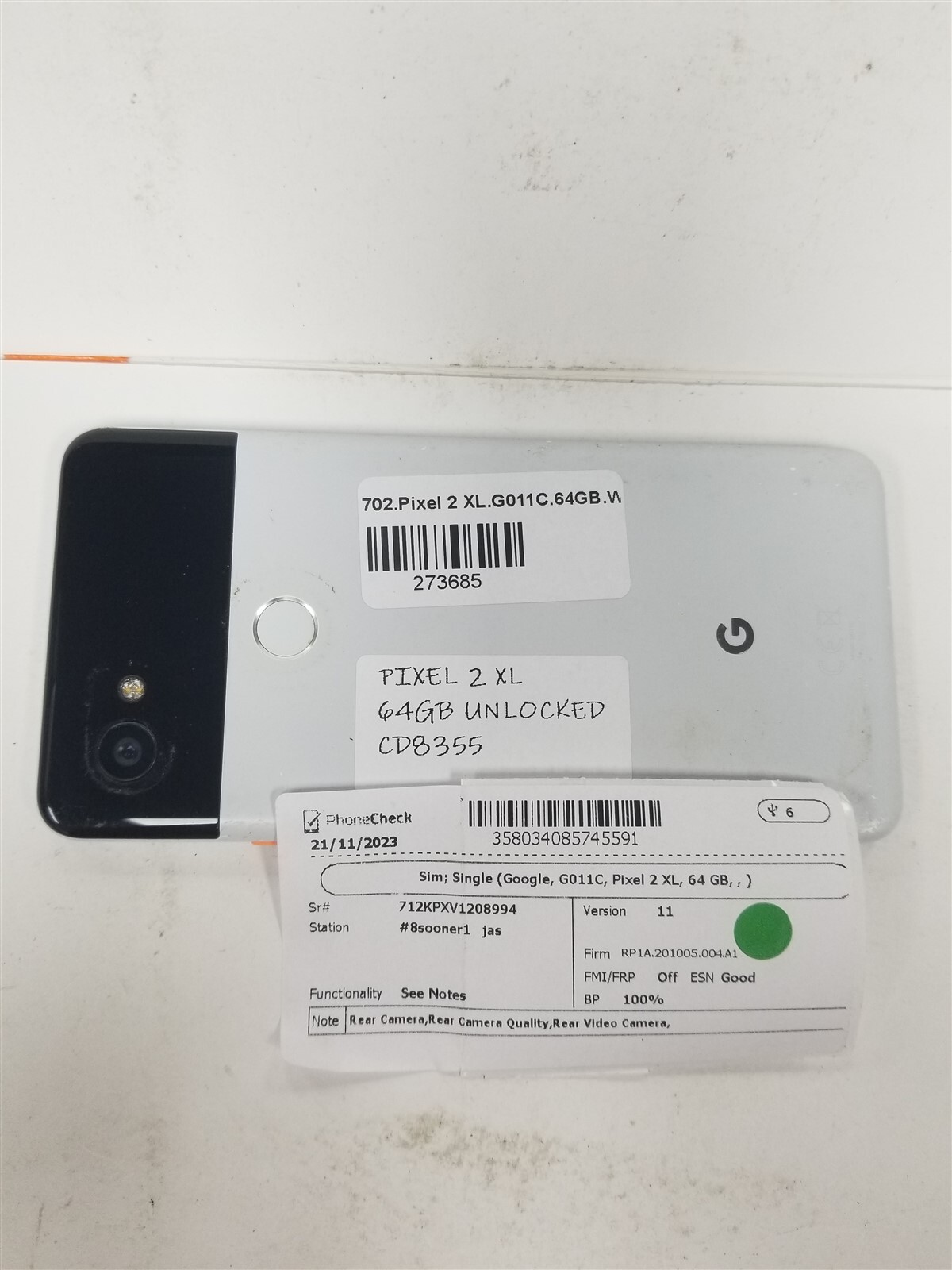 GOOGLE PIXEL 2 XL 64GB WHITE G011C (UNLOCKED) DAMAGED CD8355