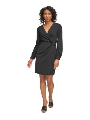 DKNY Womens Black Unlined Side-knot Cuffed Sleeve Faux Wrap Dress 12