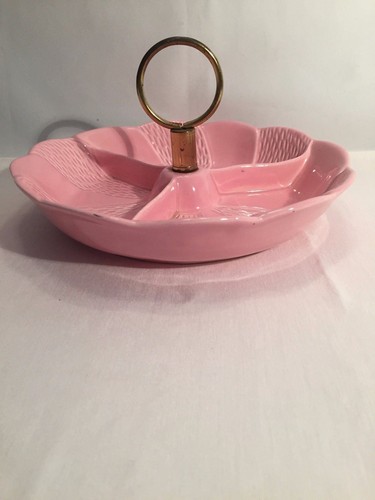 Divided Ceramic Serving Relish Candy Dish Pink Handle Vintage mid century USA