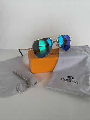 HOHENS Polarized Aviator Unisex Sunglasses Gold Frame Blue & Green Mirrored NIB