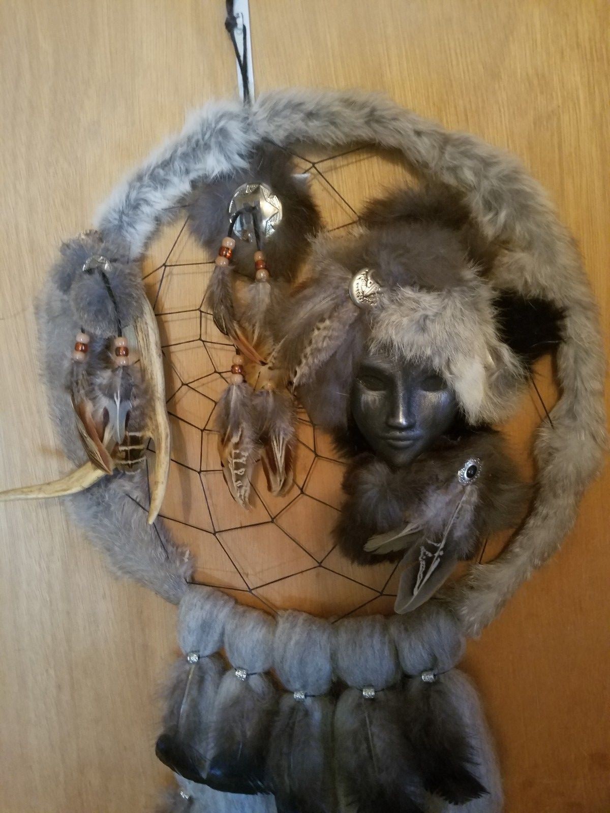 Native American wall decoration dream catcher  antler rabbit fur pelt