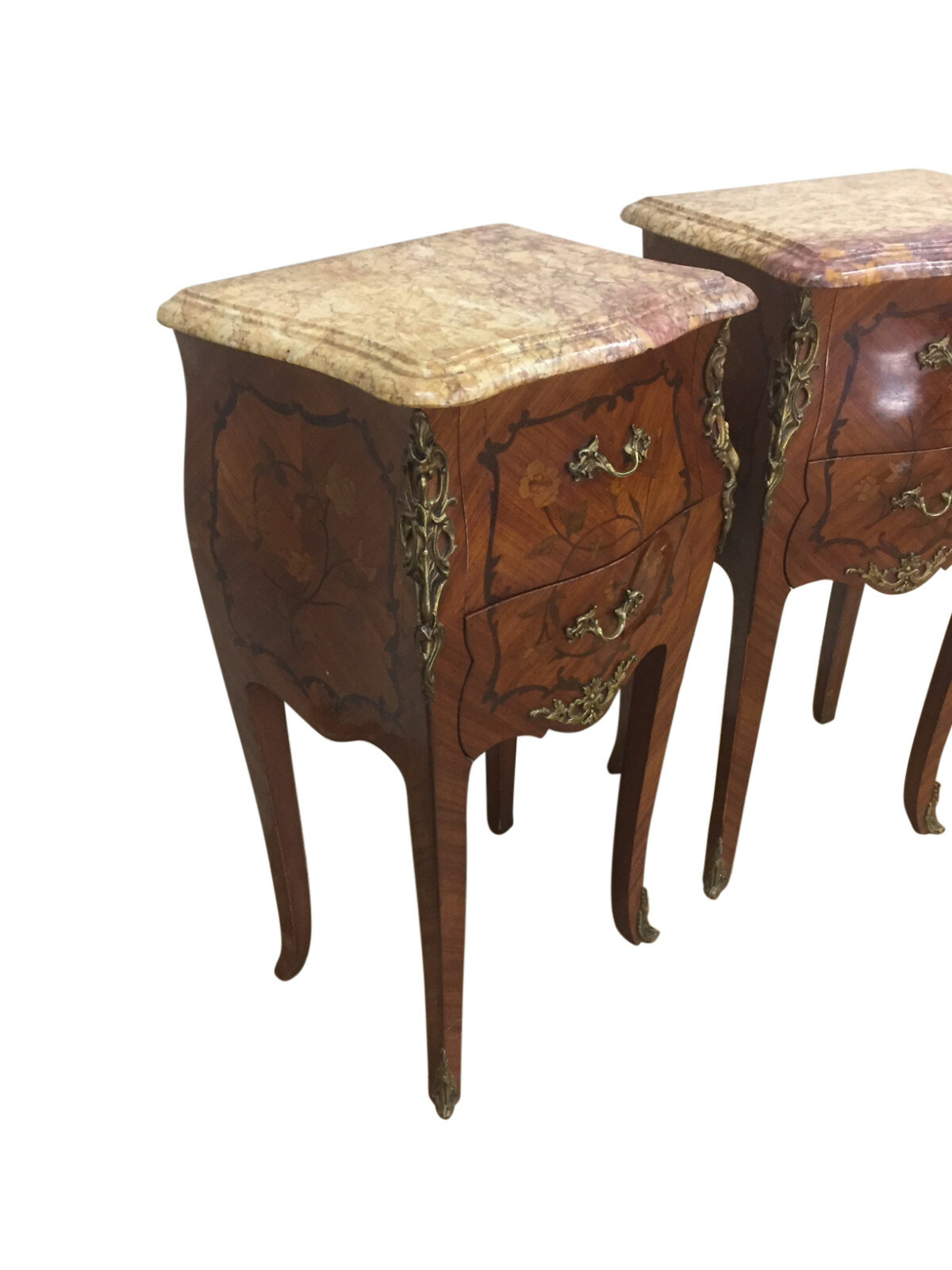 Nice Petite Marble Top Night Stands, Walnut with Inlay, Bronze Accents 1920's