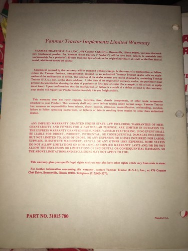 Yanmar Diesel Tractor Owner Operator Manual YFDH-186 Dozer Fits Yanmar YM-186(D)