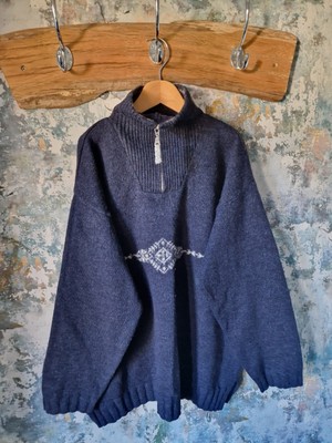 CURVY STREET ONE BLUE VINTAGE ACRYLIC WOOL PATTERN PULLOVER WINTER KNIT JUMPER L
