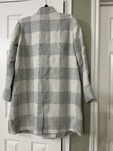 Pre-owned Eileen Fisher Xl  Darkpearl Wool Blend Multi Check Notch Collar Calf Len Coat In Gray