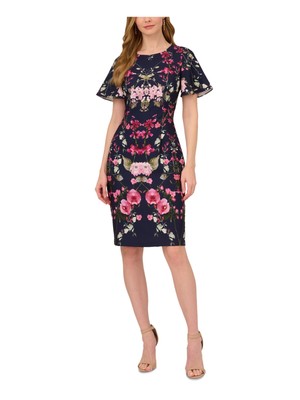 ADRIANNA PAPELL Womens Navy Lined Back Slit Hem Flutter Sleeve Sheath Dress 12