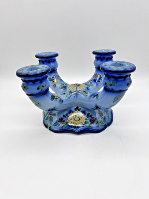 Portugal Hand Painted 4 Arm Candelabra Blue Yellow Floral Print Signed Numbered