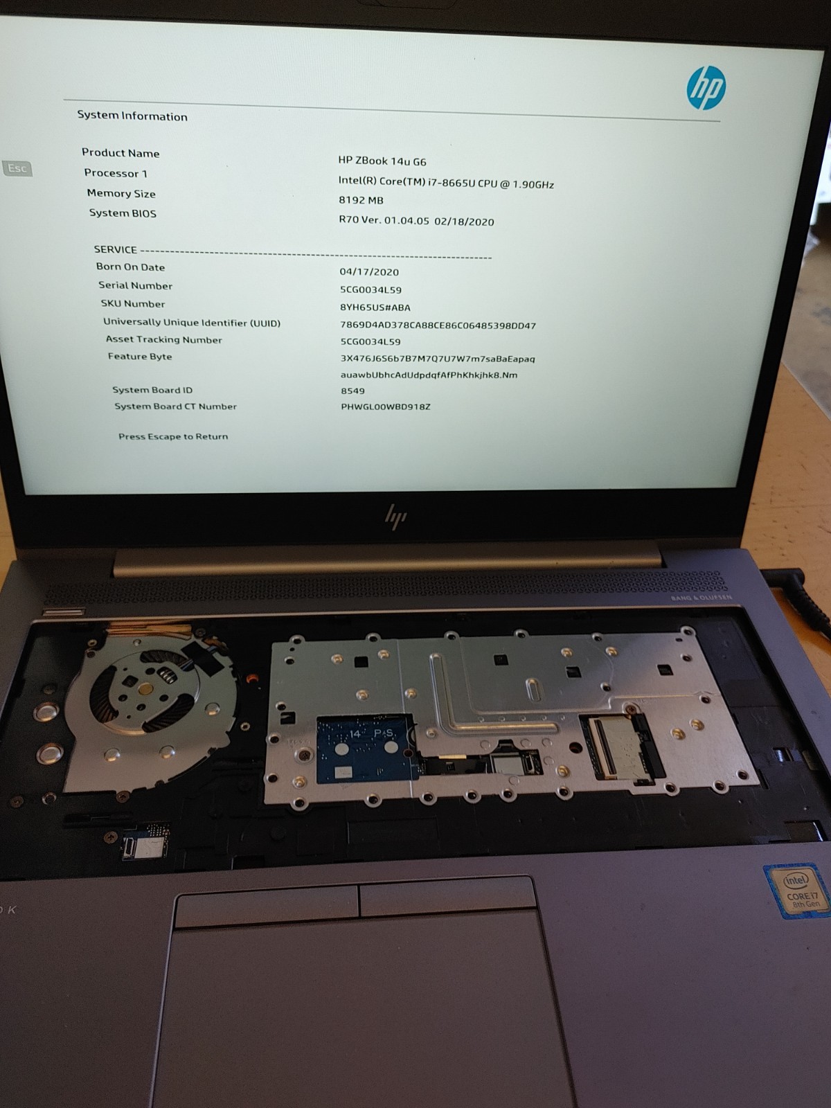 HP ZBook 14U G6 Core i7-8665U@1.90GHz, 8GB RAM, NO SSD, FOR