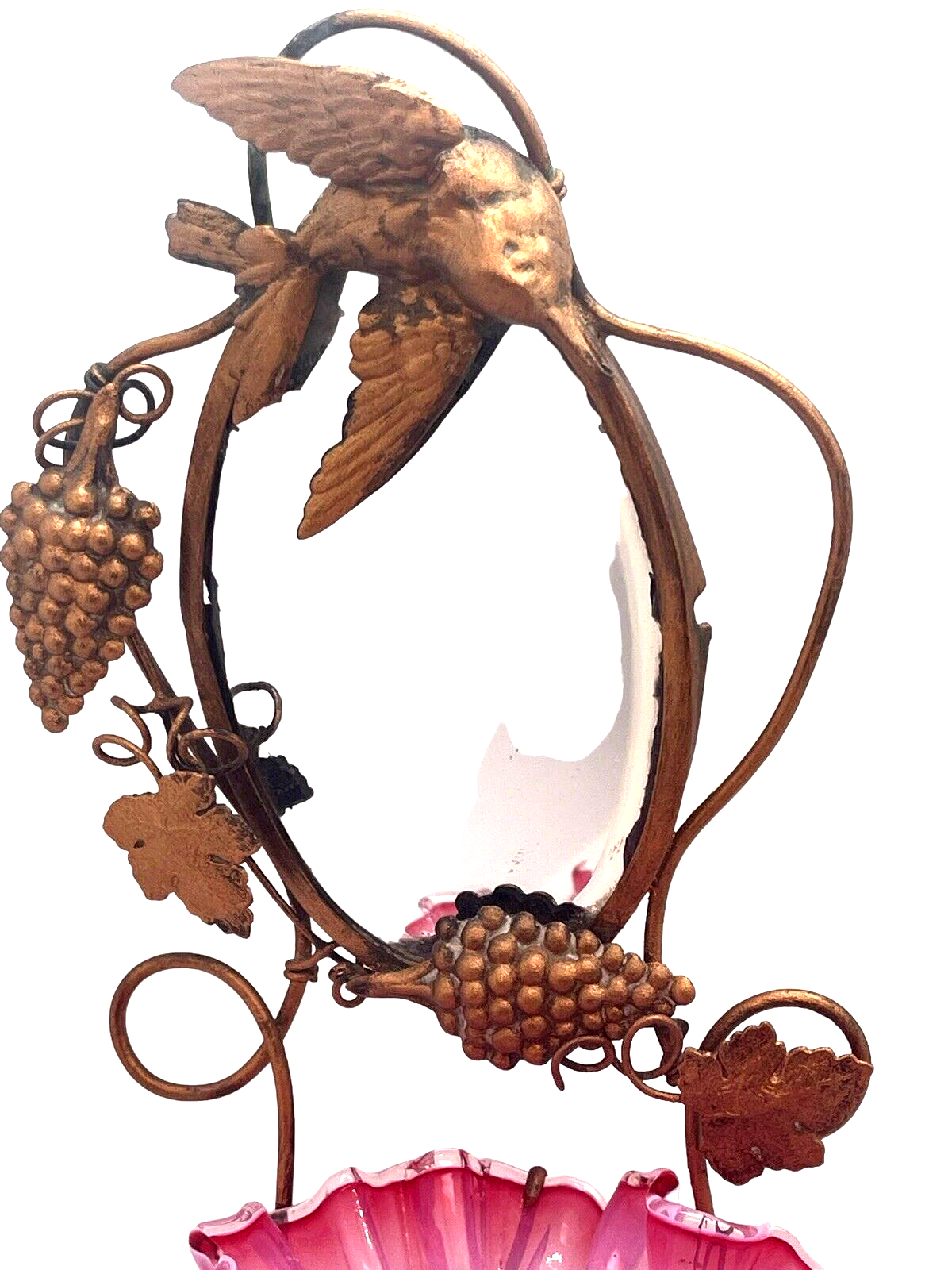 French Palais Royal Grape & Hummingbird Vanity Mirror & Opal Art Glass Bowl