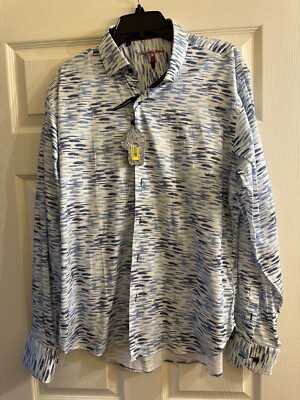 Luchiano Visconti Black White Blue Colorful Wavy Button Down Shirt XLarge