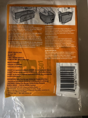 Rigid (2) High Efficiency Dry Pick-up Dust Bags VF3501 Row2