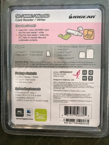 IOGEAR KOMEN CURE Extended Capacity MicroSD/SD/MMC Card Reader/Writer/Adapter