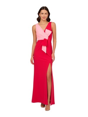 ADRIANNA PAPELL Womens Red Lined Bow High-slit Sleeveless Gown Dress 2