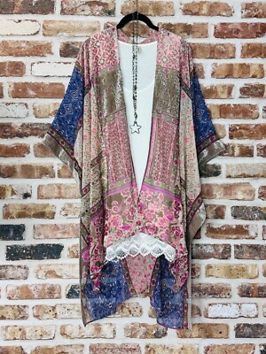 Plus Size Boho Hippie Floral Ethnic Velvet Burnout Kimono pink Cardigan Duster