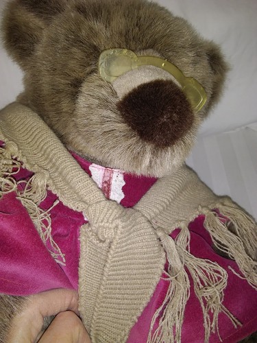 Plush granny teddy bear with glasses shawl and pink velvet dress 12