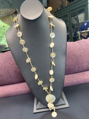 Vintage Necklace BoHo cream mother of pearl hand knotted cotton chain 30 