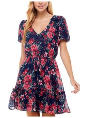 

CRYSTAL DOLLS Женское темно-синее пуловер с завязками и рукавами-пуфами Короткое платье для юниоров, Navy