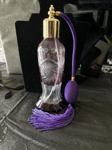 Vintage Czech, Bohemian Purple Cut Crystal Perfume Bottle With Atomizer