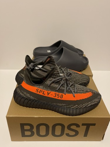 Pre-owned Adidas Originals Adidas Yeezy Boost 350 Carbon Beluga Size 13 & Yeezy Slide Slate Grey Size 13 M In Gray