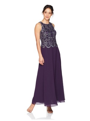 

JKARA Женское пурпурное вечернее платье трапециевидной формы макси с бисером и шарфом на молнии, Фиолетовый
