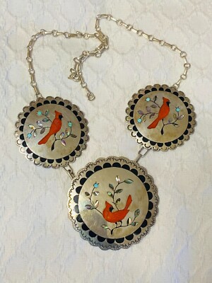 Native American Zuni Randolph & Margie Ghahate Sterling Silver Cardinal Necklace