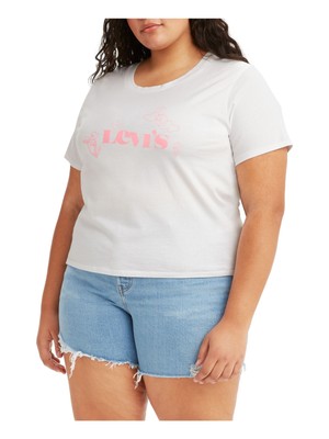 Женская белая хлопковая футболка LEVIS с логотипом в рубчик и круглым вырезом с коротким рукавом Плюс 1X