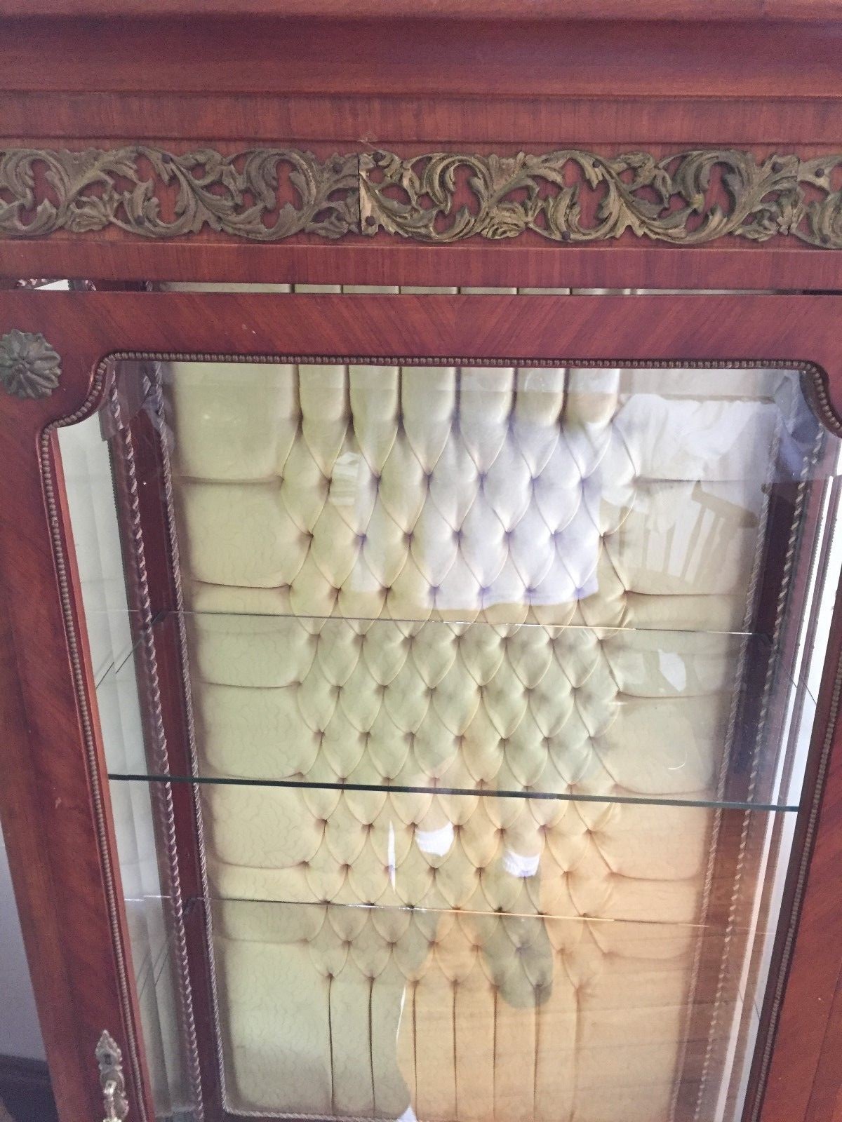 Antique Vitrine Tufted Back French Curio Cabinet