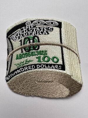 3x3 Inch Embroidered $100 Bill Roll Iron-On Patch   Unique Money Stack Design