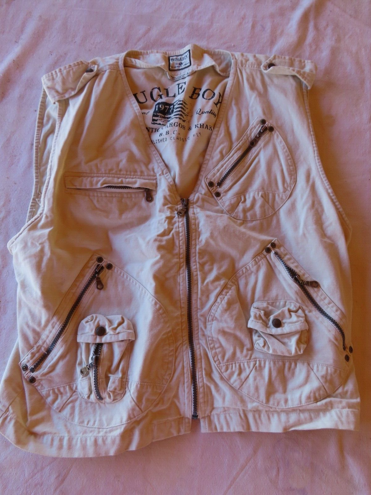 Vintage Bugle Boy tactical/fishing/camping full zip cotton vest tan size L