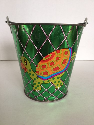 Vintage Ohio Art Co. Tin Litho Large Sand Pail, Green With Fish, Crab & Turtle