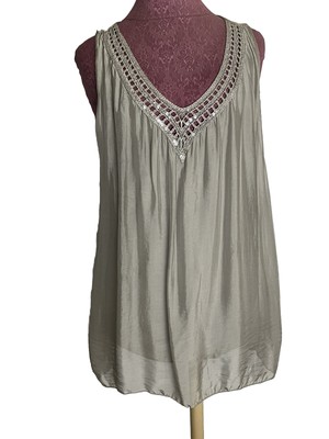 Pure Seta Italy Women's Top Gray Embroidered with Sequin One Size Retail $64