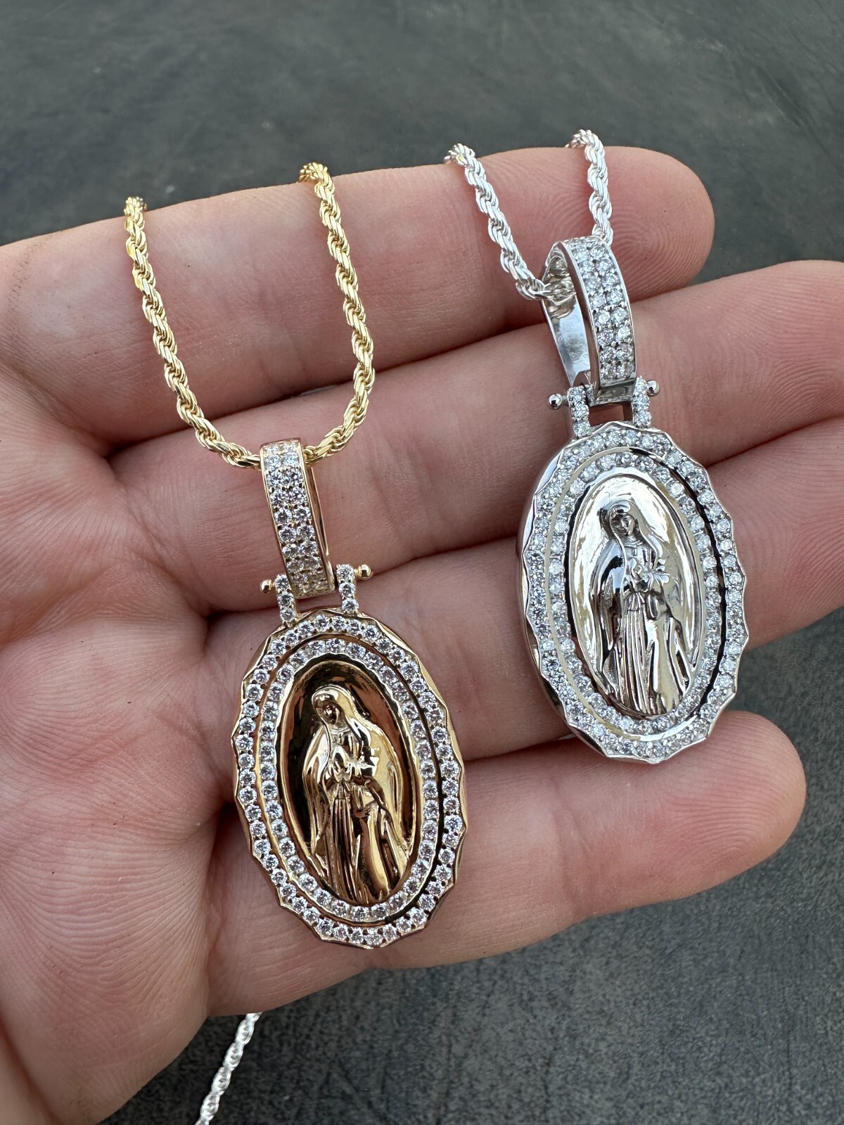 Pre-owned Harlembling 1.55ct Real Diamond Virgin Mary Pendant 925 Silver Necklace Medallion Pendant In White