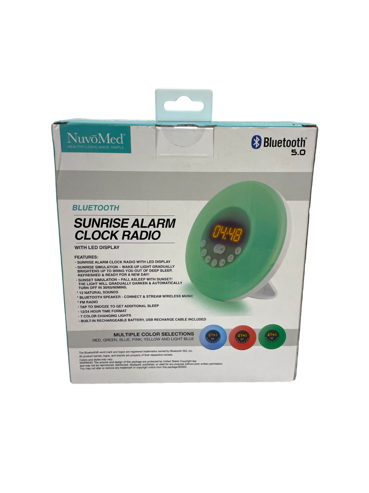 NuvoMed Sunrise Alarm Clock Radio Bluetooth Led Display Multiple Color NEW!