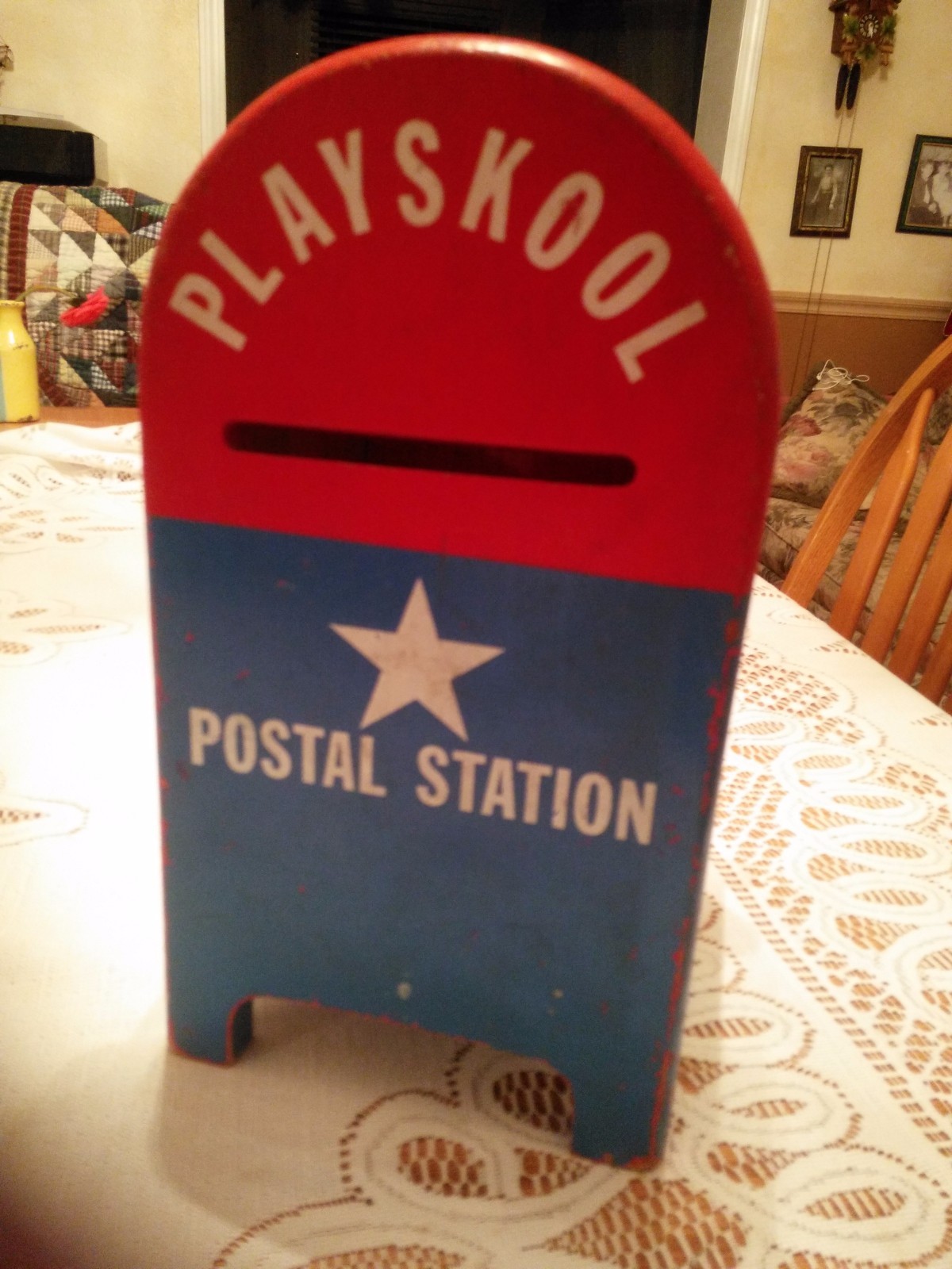 Vintage Playskool POSTAL STATION Wooden Mailbox 1960s? w 12 blocks