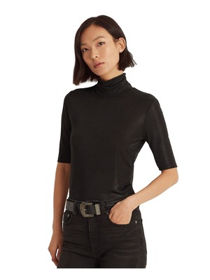 

Женский черный приталенный топ с высоким воротником RALPH LAUREN с рукавами до локтя Petites