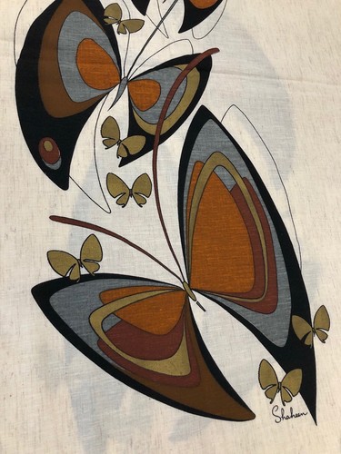 Vtg Shaheen Mid Century Hawaiian Butterfly Hand Printed Linen Fabric W/Patterns