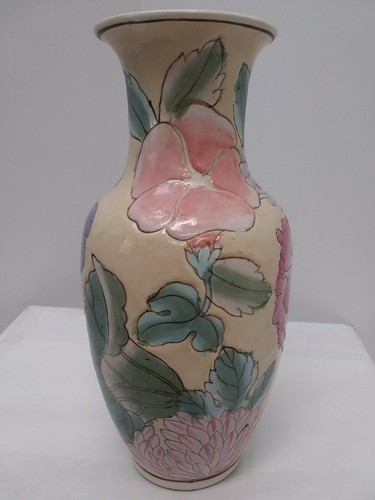 Chinese Pottery Vase Floral Pink Purple Iris' Green 8