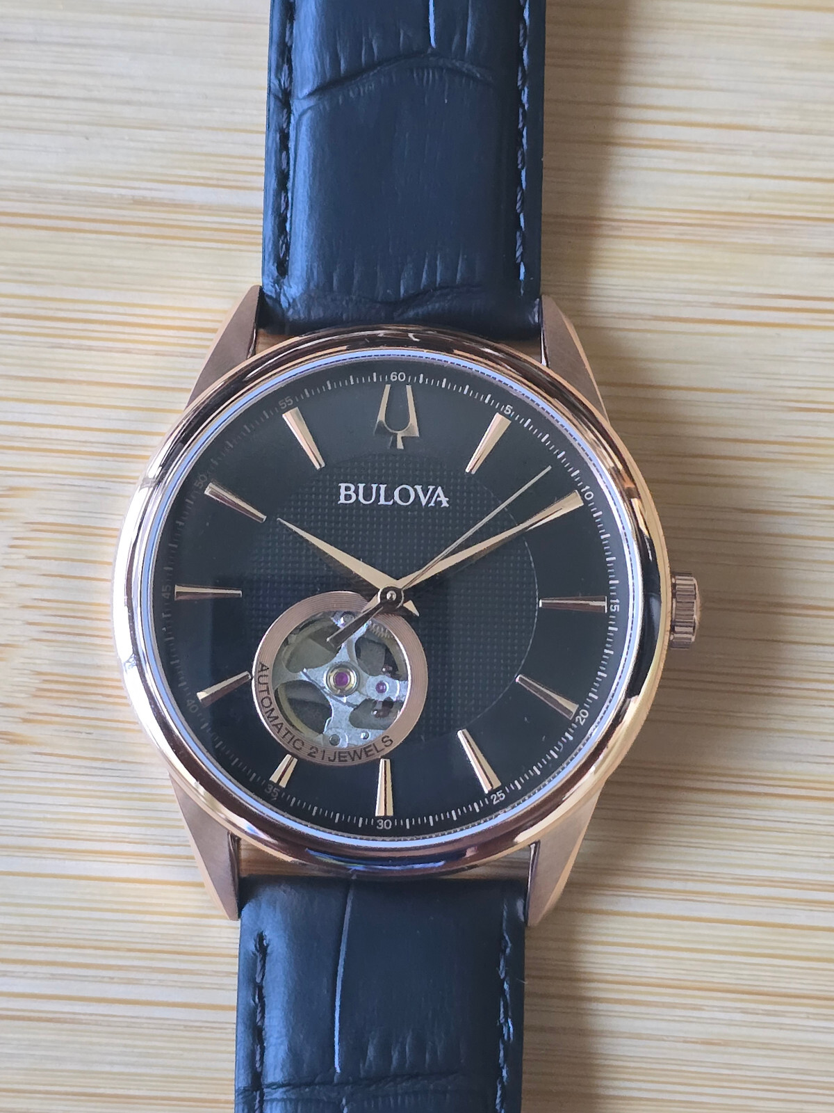 Pre-owned Bulova Automatic Men's Watch Rose Gold Tone Leather Band 97a140