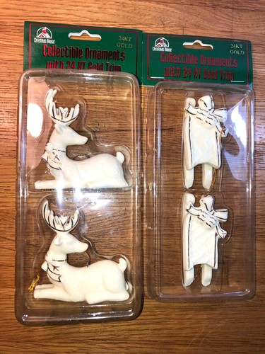 NEW   Lot of 4   24KT Gold Trim Porcelain Reindeer & Sleigh Christmas Ornaments