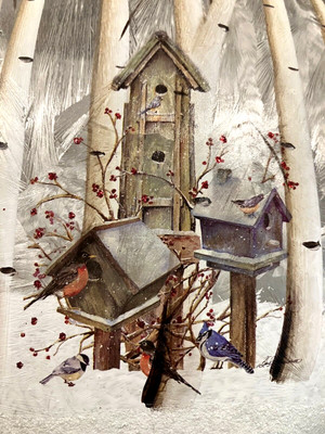 New Maker's Holiday Indoor Frosted White Birch Trees Birdhouses Lamp
