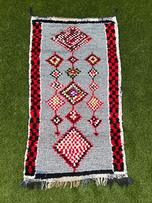 3x5 Boucherouite Moroccan Rug Black Red Runner Vintage Artisanal Handwoven Rug