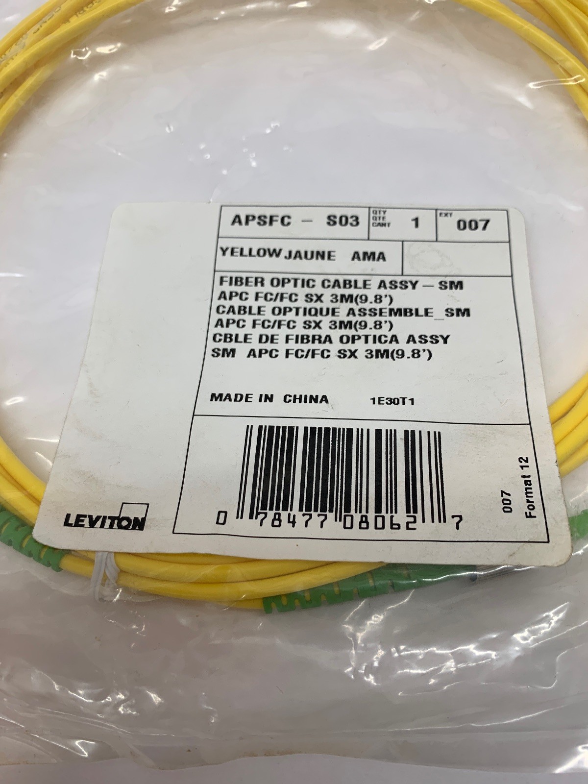 Leviton APC Polish Simplex FC-FC Singlemode Fiber Optic Cable APSFC-S03
