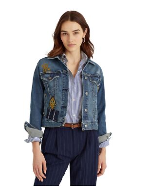

RALPH LAUREN Женская синяя джинсовая куртка свободного кроя на пуговицах в стиле пэчворк, Синий, 200831306001