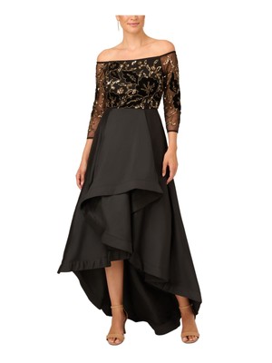 ADRIANNA PAPELL Womens Black Hi-lo Skirt 3/4 Sleeve Formal Gown Dress Petites 4P