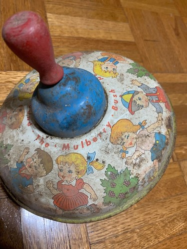 Vintage Ohio Art Tin Litho Toy Spinning Top Here We Go Round the Mulberry Bush