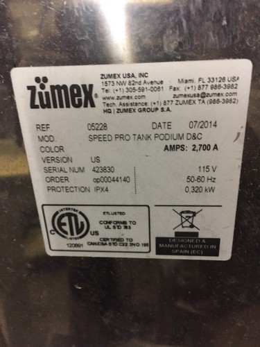 Zumex Speed Pro Tank Podium Orange Juice Juicer Juicing Machine with Stand